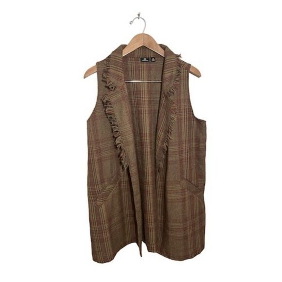 Versona Plaid Fringe‎ Vest Womens Medium Glen Plaid Long Pockets Fall Brown - Picture 1 of 7